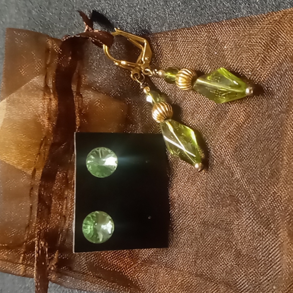 2 Vintage green glass and crystals earrings,stud and drop earrings .